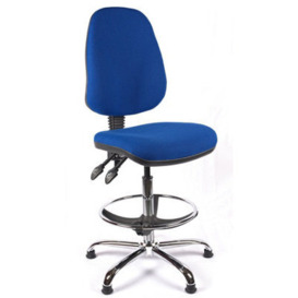 Chrome High Back Draughtsman Chair In Blue Fabric