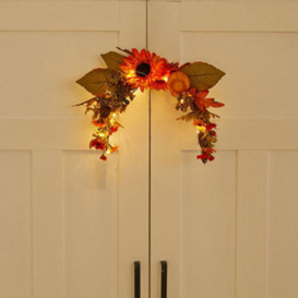 Living And Home Artificial Sunflower Swag Wreath With Pumpkins For Halloween Hanging Decor 35Cm