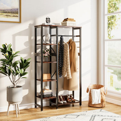 H&O Direct Rustic Brown Clothes Rack With 4 Tiers Storage Shelves