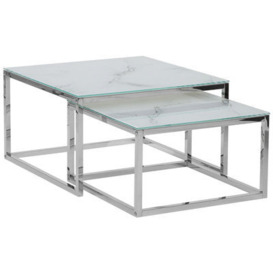 Beliani Nest Of 2 Tables Marble Effect White With Silver Brea