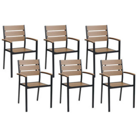 Beliani Set Of 6 Garden Dining Chairs Light Wood And Black Vernio