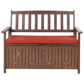 Beliani Acacia Wood Garden Bench With Storage 120 Cm Dark With Red Cushion Sovana