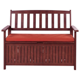 Beliani Acacia Wood Garden Bench With Storage 120 Cm Mahogany Brown With Red Cushion Sovana
