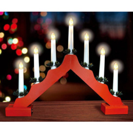 7 Led Wooden Christmas Candle Bridge Battery Operated Indoor Xmas Festive Pre-Lit Warm White Light Window Decoration Arch Red
