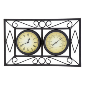 Charles Bentley Black Ornate Garden Outdoor Metal Wall Mounted Frame Clock & Thermometer