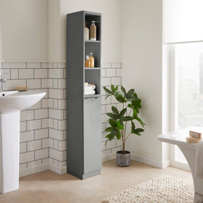 Grey Gloss Bathroom Storage Tallboy Cabinet