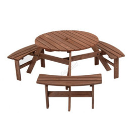 Birchtree Garden Patio Picnic Wooden Round Table Bench Set 6 Seat Outdoor Brown