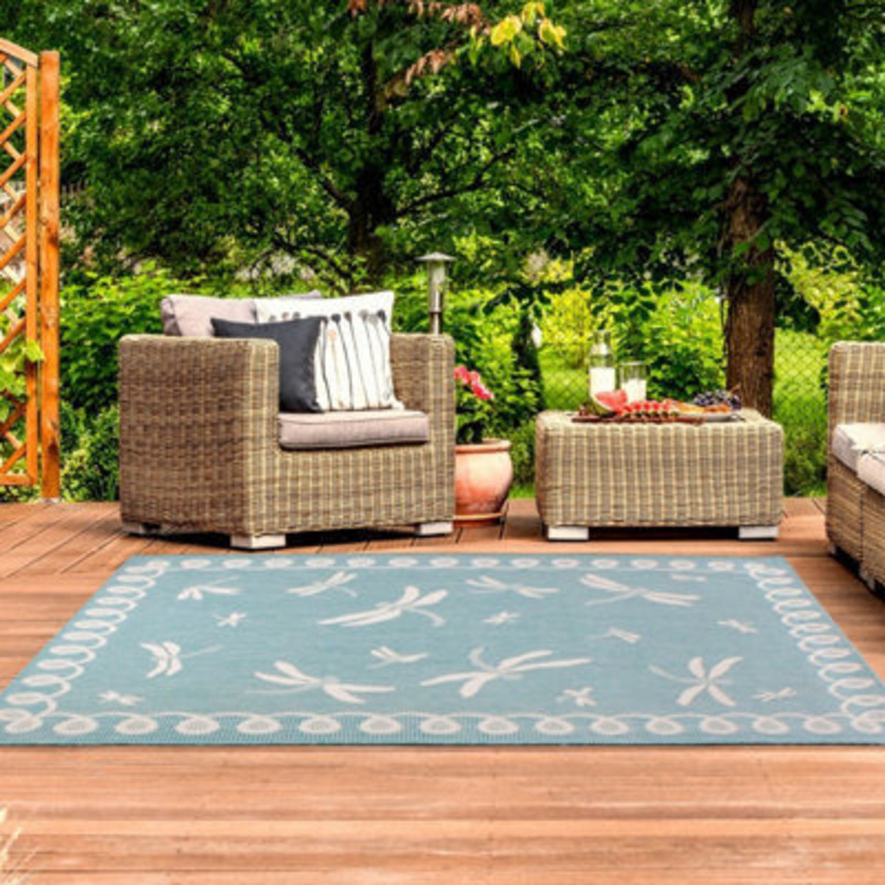 Teal Outdoor Rug, Animal Bordered StainResistant Rug For Patio Garden