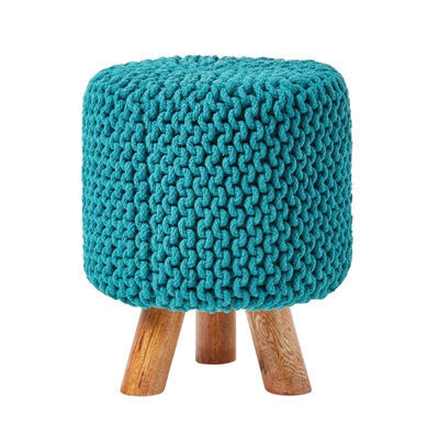 Homescapes Teal Blue Tall Cotton Knitted Footstool On Legs