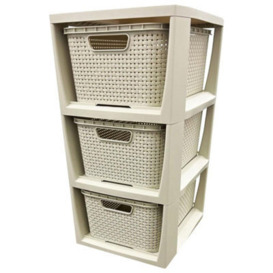 Storm Trading Group Cream 3 Drawer Stylish Rattan Effect Storage Tower Commode Baskets For Home & Office