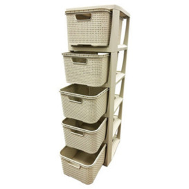 Storm Trading Group Cream 5 Drawer Stylish Rattan Effect Storage Tower Commode Baskets For Home & Office