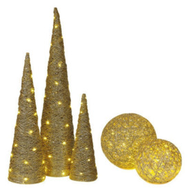 Urbn-Living Urbnliving 5 Pcs Led Light Up Christmas Tree Cone Gold With Glitter Sphere Balls Ornament With Fairy Lights