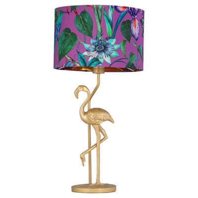 First Choice Lighting Flamingo Gold Table Lamp With Tropical Printed Shade