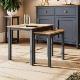FWSTYLE Solid Oak Nest Of 2 Tables Graphite Blue Ready Assembled
