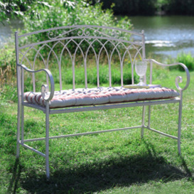 Dibor Vintage Cream Iron Arched Back Outdoor Garden Furniture Bench With Red Striped Bench Cushion