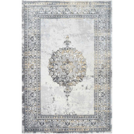 Loomed Silver Gold Metallic Traditional Medallion Bordered Living Area Rug 60X110Cm