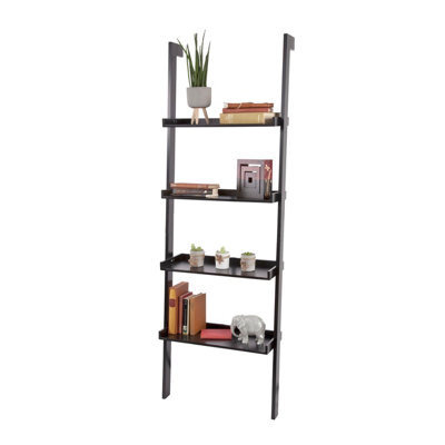 Oxford Wide Wooden 4 Tier Ladder Shelf, Black Leaning Bookcase