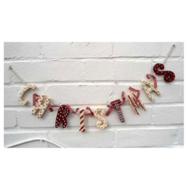 Shatchi 70Cm Vintage Country Style Tartan Red & Cream Wooden Christmas Garland Banner Gingham Ribbon Hanging Xmas Decorations
