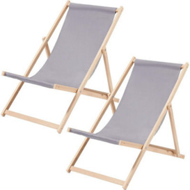 Novedeco Traditional Folding Wood Deck Chairs Set Of 2 - Adjustable Deck Chair For Beach/garden - Seaside Lounger With Grey Canvas Fabric