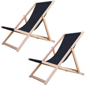 Novedeco Traditional Folding Wood Deck Chairs Set Of 2 - Adjustable Deck Chair For Beach/garden - Seaside Lounger With Black Canvas Fabric