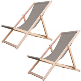 Novedeco Traditional Folding Wood Deck Chairs Set Of 2 - Adjustable Deck Chair For Beach/garden - Seaside Lounger With Beige Canvas Fabric