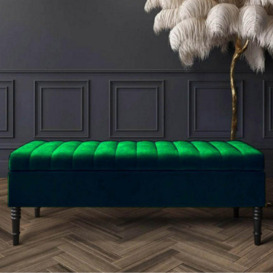 Safar 90Cm Ottoman Storage Bench - Plush Velvet Shoe Bench - Forest Green Lined Upholstered Footstool