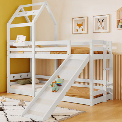 Abrihome Wooden Bunk Bed Tree House With Slide And Ladder 90 X 190 Cm, 3Ft Cabin Bed For Children, White