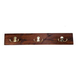 Moderix Wooden Antique Style Coat Rack Double Hook Gold - Colour Dark Oak - Hangers 2 Hooks 40Cm