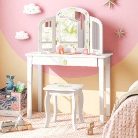 Costway Kids Vanity Makeup Dressing Table & Stool Set W/ Tri-Fold Mirror & Drawers