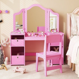Costway 2-In-1 Kids Dressing Table & Chair Set Vanity Table Desk W/ Removable Mirrors