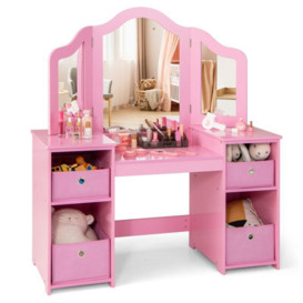 Costway 2-In-1 Princess Pretend Play Makeup Vanity Desk Kids Dressing Table W/ Mirror