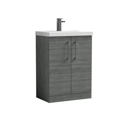 Balterley Bramshall Contemporary Bathroom Floor Standing 2-Door Vanity Unit & Mid-Edge Basin, Anthracite Woodgrain, 600mm - image 1