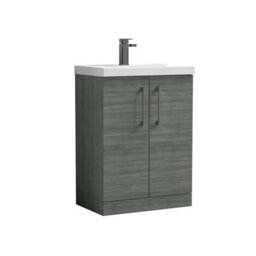 Balterley Bramshall Contemporary Bathroom Floor Standing 2-Door Vanity Unit & Mid-Edge Basin, Anthracite Woodgrain, 600mm - thumbnail 1