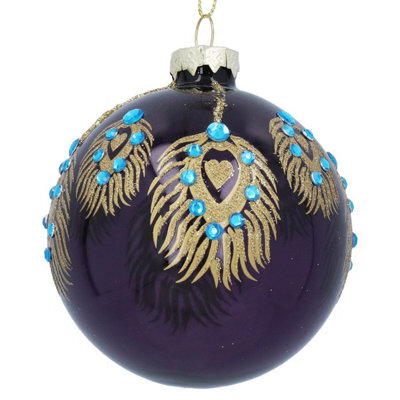 Gisela Graham Christmas Purple Glass Peacock Christmas Tree Bauble, 8 Cm, Glossy Purple