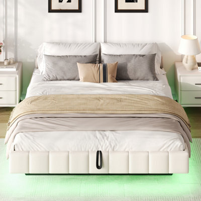 Abrihome 4Ft6 Double Floating Bed 135X190 Cm - Hydraulic Storage, Rgb Led Lights, No Headboard, Beige Linen (No Mattress) - image 1