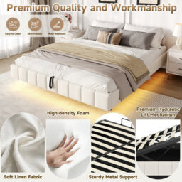 Abrihome 4Ft6 Double Floating Bed 135X190 Cm - Hydraulic Storage, Rgb Led Lights, No Headboard, Beige Linen (No Mattress) - thumbnail 7