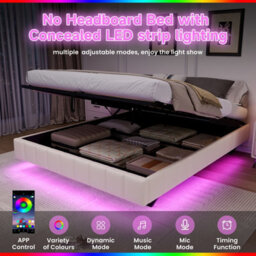Abrihome 4Ft6 Double Floating Bed 135X190 Cm - Hydraulic Storage, Rgb Led Lights, No Headboard, Beige Linen (No Mattress) - thumbnail 8