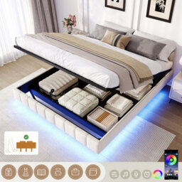 Abrihome 4Ft6 Double Floating Bed 135X190 Cm - Hydraulic Storage, Rgb Led Lights, No Headboard, Beige Linen (No Mattress) - thumbnail 5