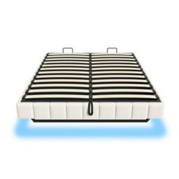 Abrihome 4Ft6 Double Floating Bed 135X190 Cm - Hydraulic Storage, Rgb Led Lights, No Headboard, Beige Linen (No Mattress) - thumbnail 9