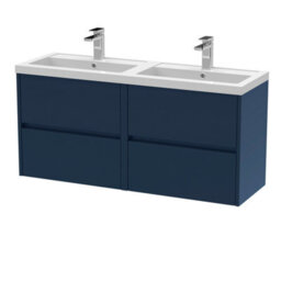 Nuie Havana Wall Hung 4-Drawer Unit & Double Polymarble Basin, Modern Sink Vanity Unit In Midnight Blue With White Basin - thumbnail 5