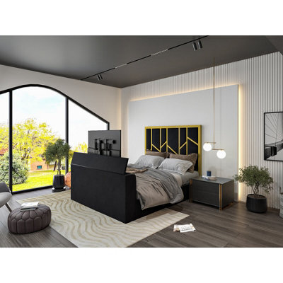 Sherlock Luxe Upholstered Gold & Black Television Bed Frame - image 1