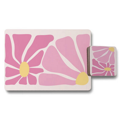 Benjamin Tate Design Floral Pink Placemat And Coaster Set With Wood Base, Designer Artwork, Limited Edition - image 1