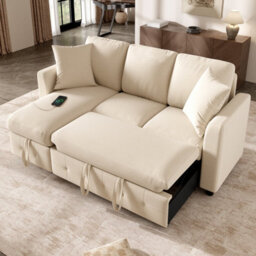 Abrihome Beige Chenille L-Shaped Sectional Sofa With Storage Chaise, 2 Cushions & Convertible Sleeper, 200X130.5Cm - thumbnail 1