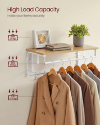 Songmics Vasagle Wall Coat Organizer, Multi-Hook Rail With Upper Shelf Storage, Golden Oak And Cloud White - thumbnail 5