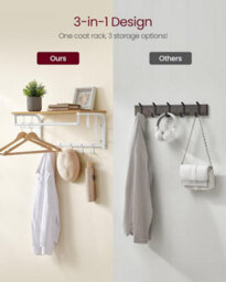 Songmics Vasagle Wall Coat Organizer, Multi-Hook Rail With Upper Shelf Storage, Golden Oak And Cloud White - thumbnail 3
