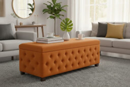 90Cm Wide Empire Ottoman Storage Box With Legs, Burnt Orange Velvet Chesterfield Upholstered Ottoman Footstool Coffee Table
