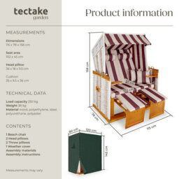 Tectake Beach Chair 'sylt' With Cushions, Footrest And Rain Cover - Red/white - 1 - thumbnail 6