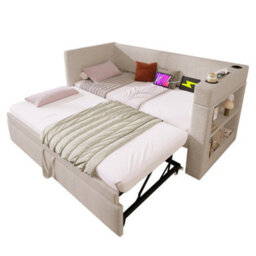 Btm 3Ft Single Upholstered Daybed Sofa Bed With Cup Holders Usb Charging Pull Out Trundle Linen Beige No Mattress - thumbnail 8
