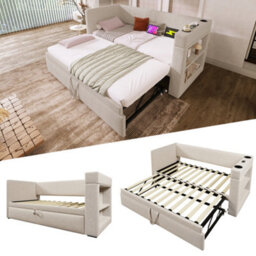 Btm 3Ft Single Upholstered Daybed Sofa Bed With Cup Holders Usb Charging Pull Out Trundle Linen Beige No Mattress