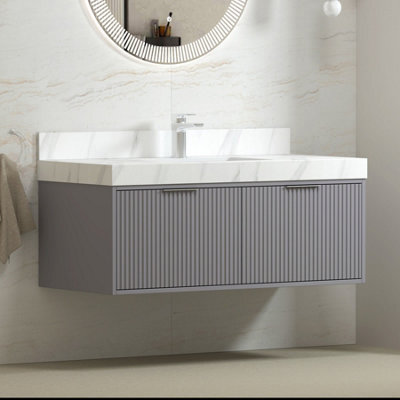 Royal Bathrooms Florina 1200mm Rock Grey Wall Hung Bathroom Vanity Unit Cabinet Storage With Carrara White Top & Chrome Handle - image 1